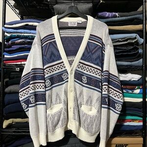 Men's Cardigan Sweater - Blue and White